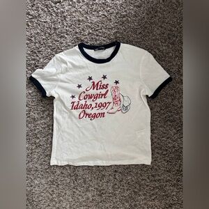 Zara White and Black Ringer Tee with Retro Graphic